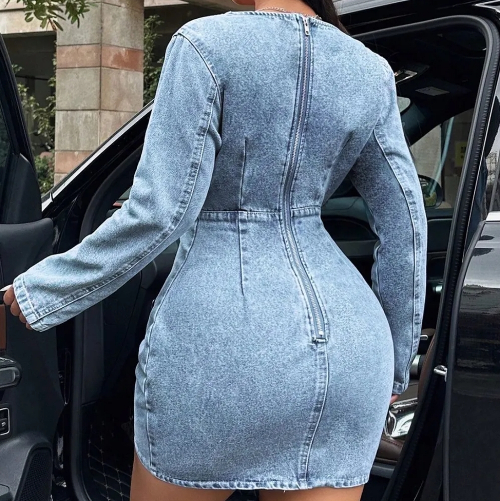 Surplice Long Sleeve Denim Dress - Picture 2 of 6